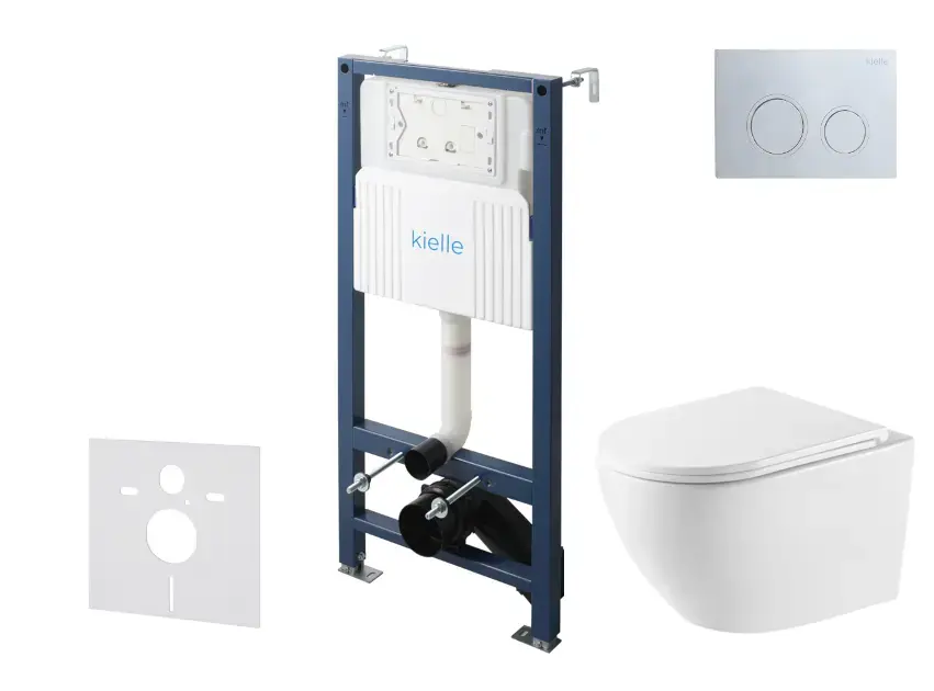 kielle Genesis New - Set bâti-support, WC Oudee, Vortex Rimless+, abattant softclose et bouton-poussoir Gemini New II, chrome brillant 30528SS59