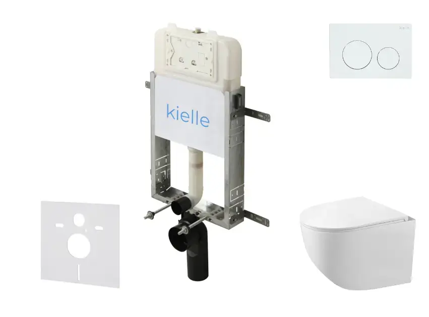 kielle Genesis New - Set bâti support, WC compact Gaia, sans rebord, abattant softclose et bouton-poussoir Gemini New I, blanc brillant 30528SZ82