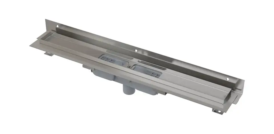 Alca - Receveur de douche Flexible Low 105 cm, avec collier réglable au mur, écoulement vertical, acier inoxydable APZ1104-1050