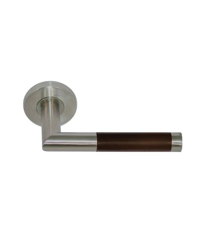 Poignée de porte inox & bois SAUTERNES – Finition chocolat – Rosace ronde