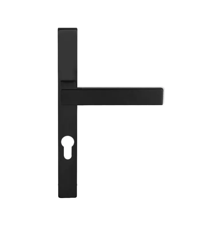 Poignée de porte noire sur plaque étroite 26 mm pour profil étroit alu/bois – modèle Majestea