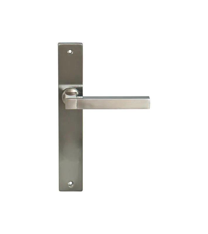 Poignée de porte finition aspect inox nickelé sur plaque longue – modele Zeus